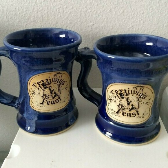 Lot of 2 - 1997 Feziwigs Feast 4 1/2" Blue Blue Glazed Pottery Mug Steins - Picture 1 of 4